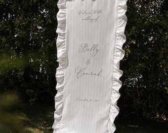 Personalized Wedding Welcome Sign – Custom Fabric Banner with Name & Date, Elegant Lace Backdrop