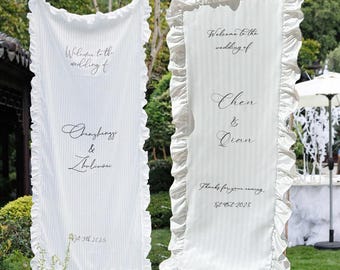 Personalized Wedding Welcome Sign – Custom Fabric Banner with Name & Date, Elegant Lace Backdrop