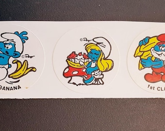 vintage 80's Ganz Bros smurfs banana matte scratch 'n sniff sticker strip