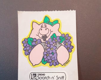 vintage 80s Trend violet pig scratch and sniff sticker module *damaged*