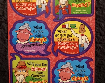 May include: Sheet of stickers with colorful cartoon illustrations and text. The stickers feature characters like a waiter and a farmer, along with various jokes and riddles. The background is a red color.