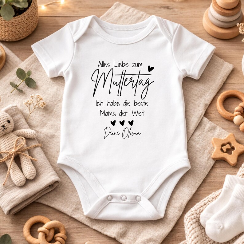 May include: White baby onesie with black script text. The text reads "Alles Liebe zum Muttertag, Ich habe die beste Mama der Welt, Deine Olivia" with heart accents. The onesie is on a neutral-toned surface with baby toys.