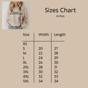 May include: A beige sweatshirt with a size chart. The chart displays sizes XS to 5XL, with corresponding width and length measurements in inches. The text "Sizes Chart" and "Inches" are also visible.