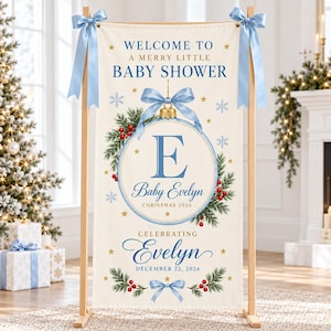 Striscione natalizio blu per baby shower, sfondo personalizzato con decorazioni, cartello personalizzato con monogramma per festa invernale, decorazioni natalizie per neonato.