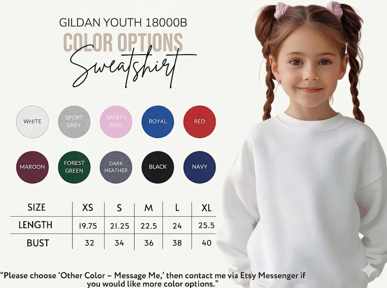 May include: White Gildan Youth 18000B sweatshirt with color options. The image shows a young girl wearing the sweatshirt. Color options include white, sport grey, safety pink, royal, red, maroon, forest green, dark heather, black, and navy. Sizes range from XS to XL.