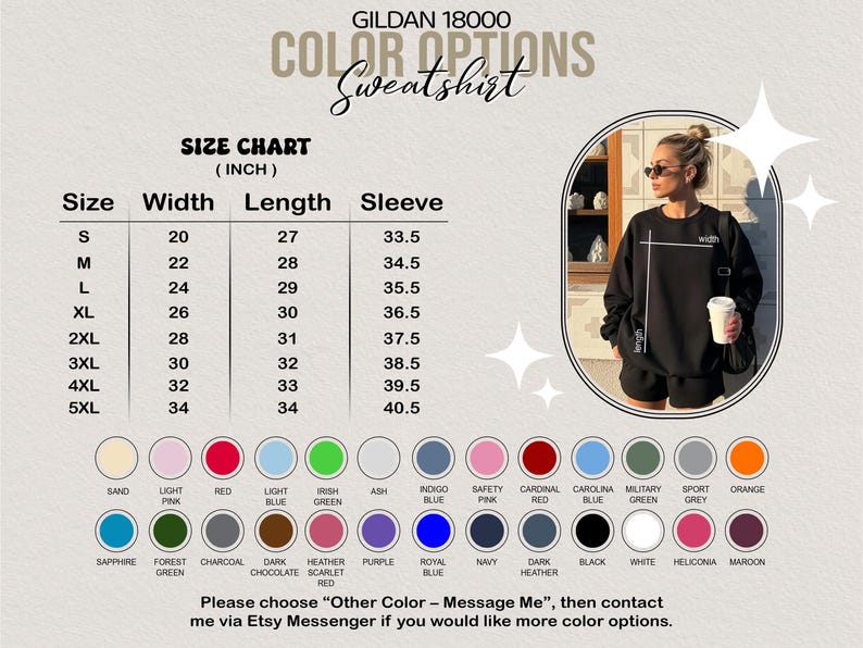 May include: A product image featuring a size chart for a Gildan 18000 sweatshirt, with measurements in inches. The chart includes sizes S to 5XL, with width, length, and sleeve measurements. Color options are also displayed.