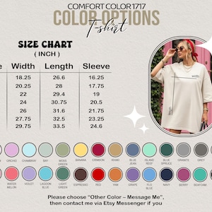 May include: Cream-colored t-shirt with size chart (inches) and color options. The size chart shows measurements for width, length, and sleeve length. The color options include white, pink, blue, green, and other colors.
