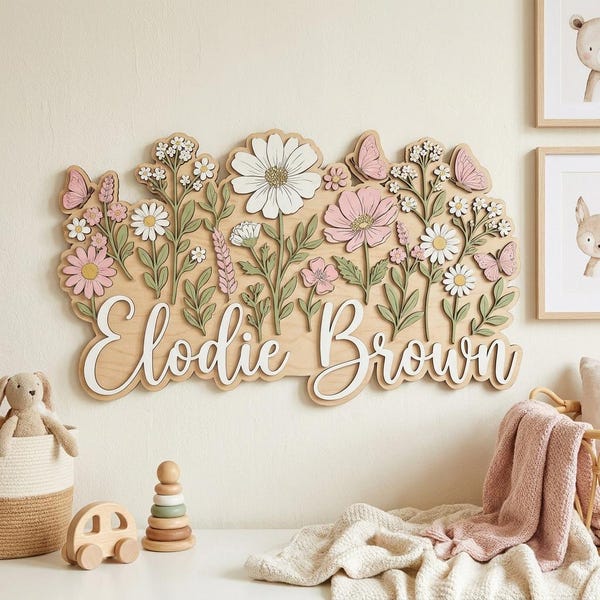 Personalized Wildflower Name Sign, 2 Layer Wood Nursery Decor, Floral Butterfly Baby Girl Wall Art, Newborn Gift