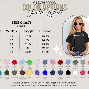 May include: A product image featuring a size chart for a youth t-shirt, with measurements in inches. The chart includes sizes SX to XL, with corresponding width, length, and sleeve measurements. Color options are displayed below the chart. A young girl wearing a black t-shirt is in the image.