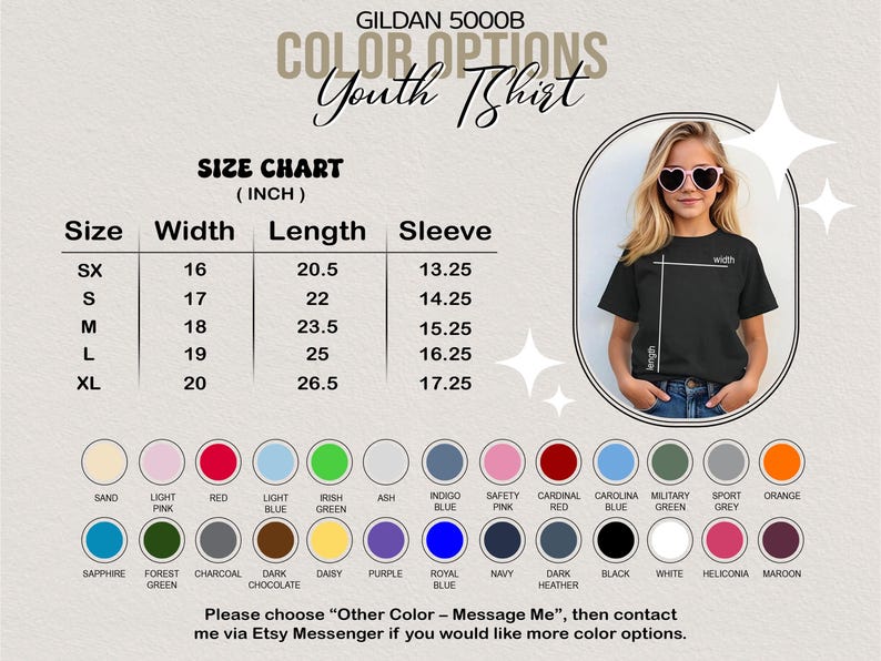 May include: A product image featuring a size chart for a youth t-shirt, with measurements in inches. The chart includes sizes SX to XL, with corresponding width, length, and sleeve measurements. Color options are displayed below the chart. A young girl wearing a black t-shirt is in the image.