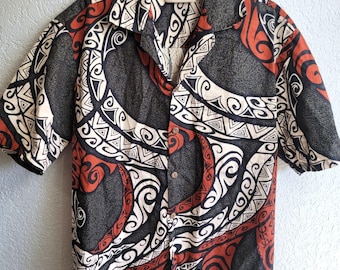 Vintage F&K Made In Hawaii Aloha Shirt Mens M Tribal Tapa Print Cotton Red Black