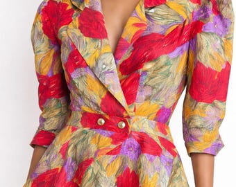 Vintage 80s 90s Floral Peplum Blouse Jacket Bold Abstract Print Gold Button Top