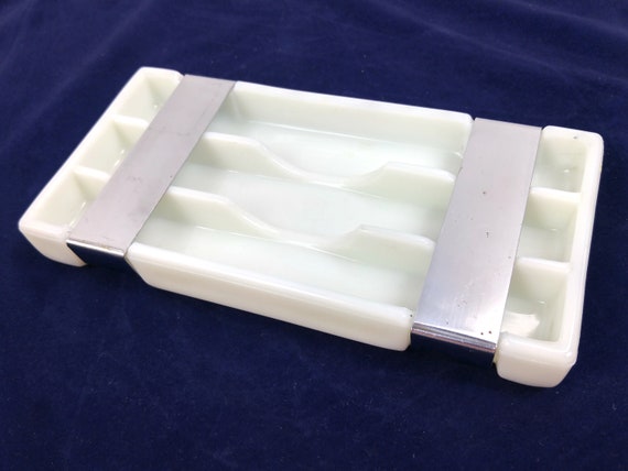 Vintage White Milk Glass Dental Tray For Cosmetics Beading Crafting Vanity Jewelry Pens Brushes Etc