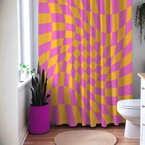 Retro Groovy Shower Curtain Yellow and Pink, Psychedelic Pattern, Funky 70s Bathroom Decor, Vibrant Shower Curtain 71"x74"