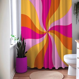 Retro Groovy Shower Curtain Yellow Orange Pink, Psychedelic Pattern, Funky 70s Bathroom Decor, Vibrant Shower Curtain 71"x74"