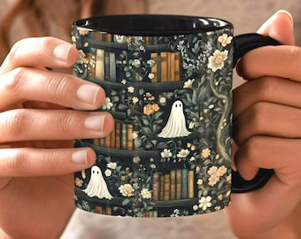 Cozy Library Ghosts black mug Bookshelf Vintage Floral Halloween Accent Book lover gift ghost mug