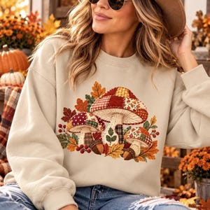 Faux Patchwork Mushroom Sweatshirt, Cottagecore Autumn Crewneck, Cozy Fall Shirt