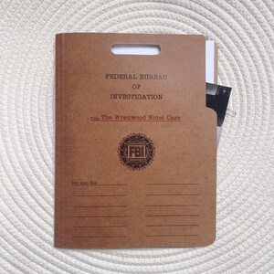 May include: A brown file folder with the text "FEDERAL BUREAU OF INVESTIGATION" and "The Wrenwood Hotel Case." The FBI seal is printed below the text. A white sheet of paper and a photograph are visible inside the folder.
