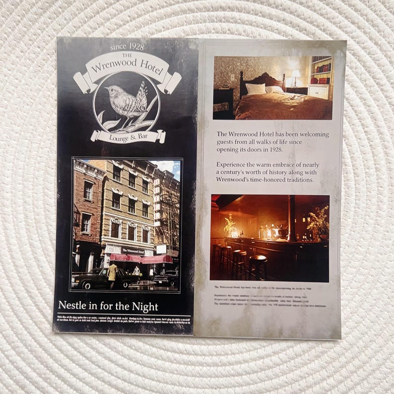 May include: A brochure for The Wrenwood Hotel, established in 1928, with a bird logo and the text "Lounge & Bar." The brochure shows images of the hotel's exterior, a guest room, and a bar, with the tagline "Nestle in for the Night."