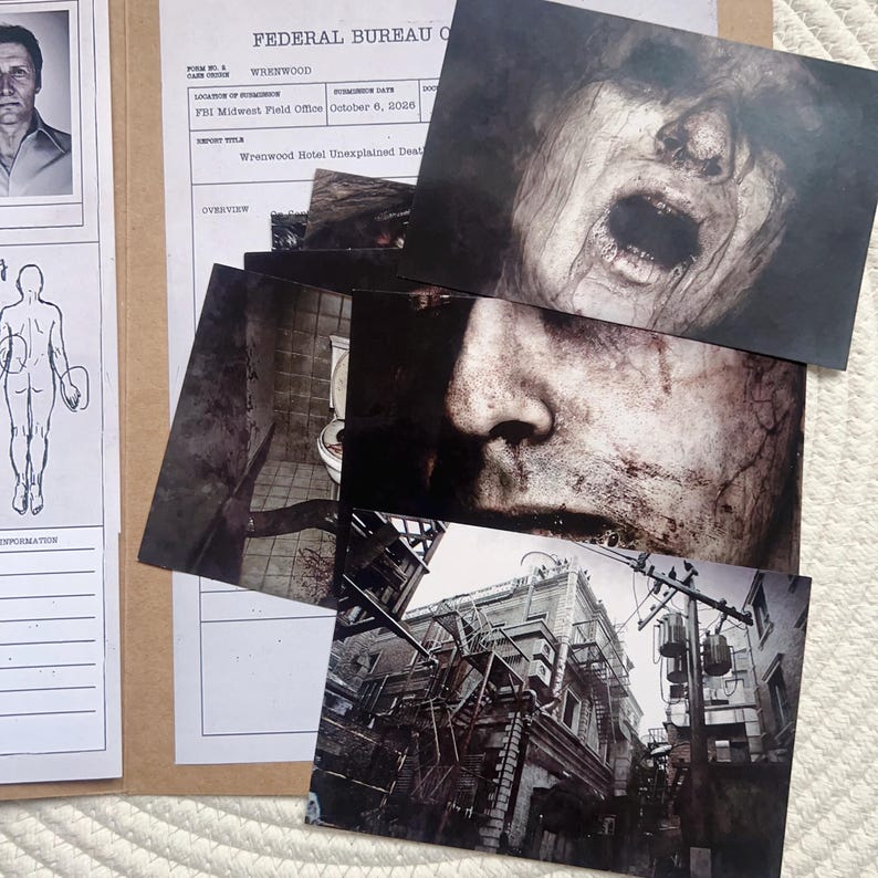 May include: A selection of printed images and documents with a horror theme. The images include a close-up of a distressed face, a bathroom scene, and a street view. Documents include FBI forms with text like "Wrenwood Hotel Unexplained Dest."
