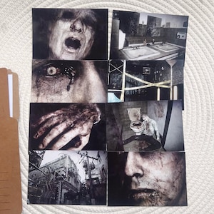 May include: A set of eight horror-themed postcards. The images show scenes of gore, including a screaming face, a close-up of a bloody eye, a bloodied hand, and a person near a toilet. Other images show a bathroom and a city street.
