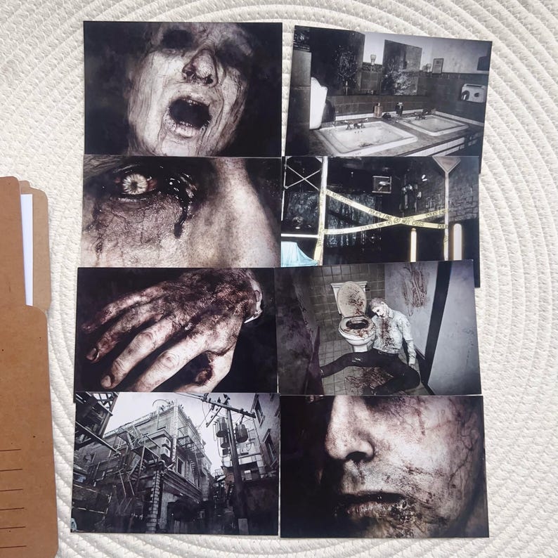 May include: A set of eight horror-themed postcards. The images show scenes of gore, including a screaming face, a close-up of a bloody eye, a bloodied hand, and a person near a toilet. Other images show a bathroom and a city street.