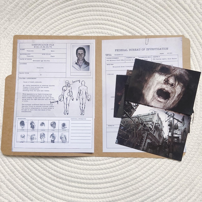 May include: A brown file folder containing crime scene investigation documents and photographs. The folder includes an identification file, a trauma assessment, and fingerprint samples. Several black and white photographs are included, depicting a distressed face and a city scene.