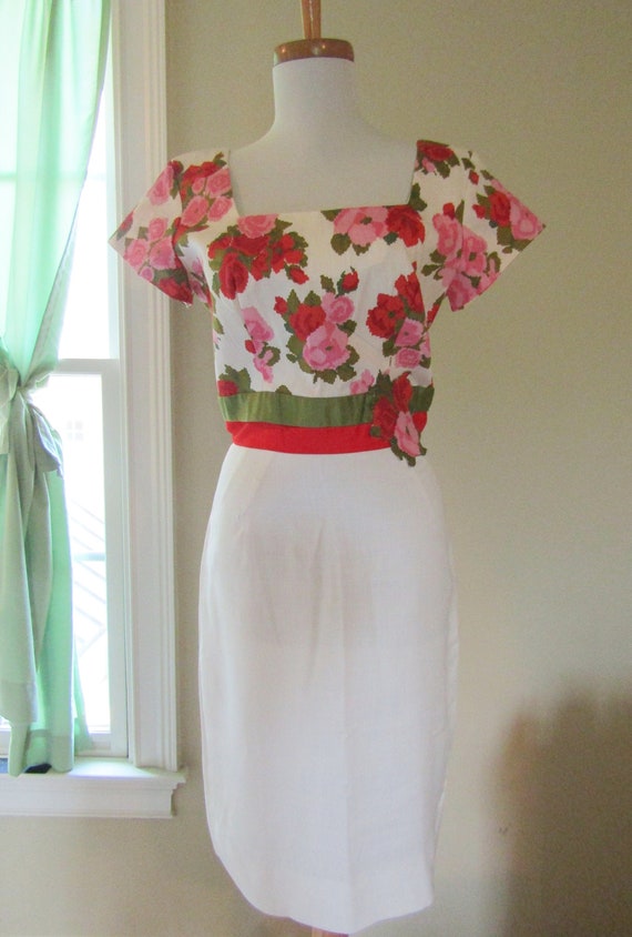 1950's Saks Fifth Avenue Linen Floral Dress Size S