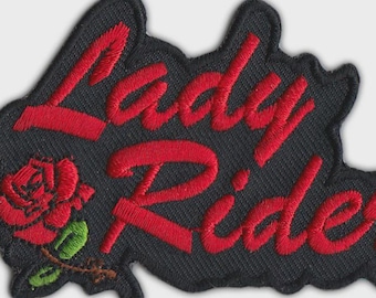 Lady Rider Biker Patch with Rose, Embroidered Motorcycle Patch