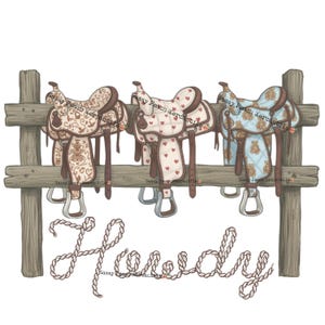 Namaak gewatteerde patchwork westerncowboy howdy zadel digitaal ontwerp png download country western zadelshirtontwerp, retro rodeo hek cowboy