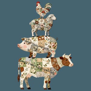 May include: A whimsical illustration of farm animals stacked on top of each other. A rooster, sheep, pig, and cow are depicted with patchwork patterns of floral and neutral fabrics. The text "Sassy Peach Mercantile" is visible on the pig and cow.