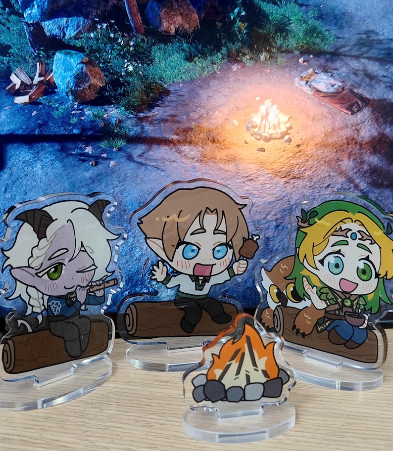 May include: Acrylic figurines of fantasy characters, including a satyr playing a flute, an elf holding a drumstick, and a nature-themed character with an owl. A small campfire figurine is in front. The characters are sitting on logs.