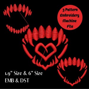 May include: Red embroidered fangs in three different designs on a black background. The designs include open fangs, fangs with a heart, and a single set of fangs. Text reads "3 Pattern Embroidery Machine File" and "1.9" Size & 6" Size EMB & DST."
