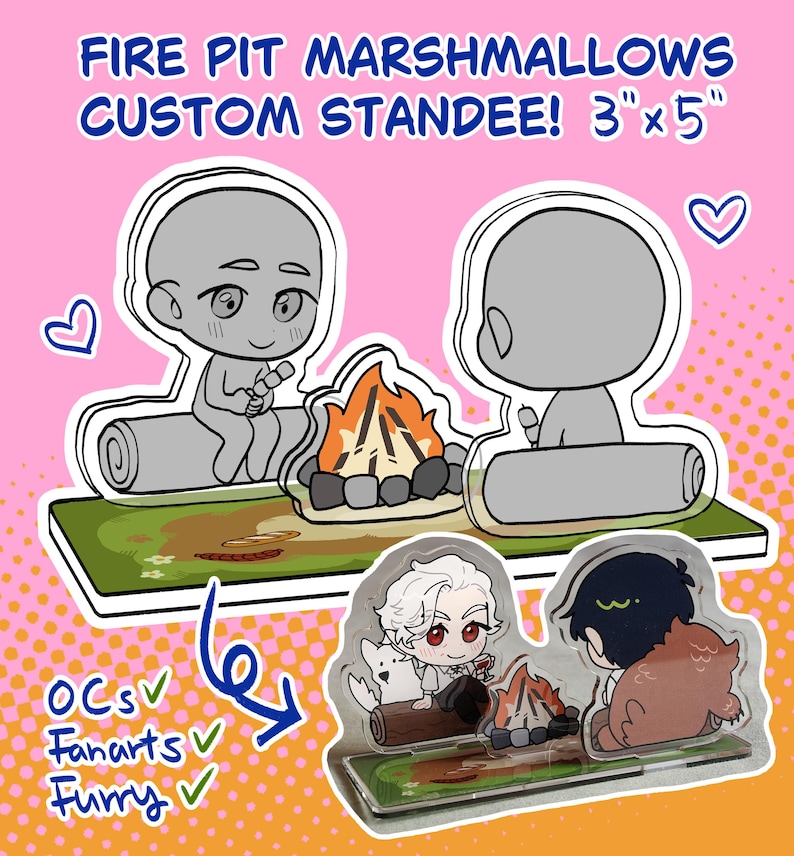 May include: Custom standee featuring a fire pit scene with marshmallows. The standee is 3" x 5" and includes the text "FIRE PIT MARSHMALLOWS CUSTOM STANDEE!" and the words "OCs", "Fanarts", and "Furry".