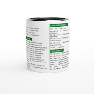 May include: A white ceramic coffee mug with black trim, covered in text about Excel shortcuts. The mug features sections on navigation, data manipulation, and the Excel wizard. The mug is a useful gift for anyone who uses Excel.