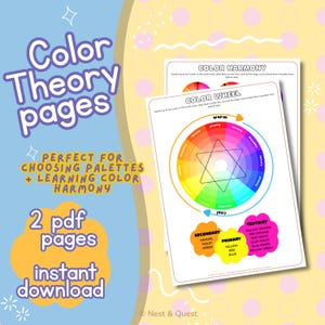 Może przedstawiać: Dwie strony PDF do wydruku z informacjami o teorii kolorów. Strony zawierają koło barw i tabele harmonii kolorów. Tekst na stronach brzmi "Color Theory pages", "Perfect for choosing palettes + learning color harmony" i "instant download".