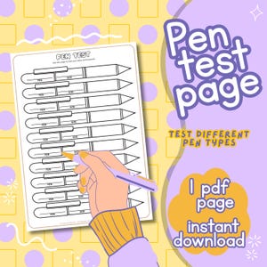 May include: A pen test page with a hand holding a purple pen, testing different pen types. The page has a grid of pen outlines with spaces for testing. The background is a mix of yellow and purple with the text "Pen test page" and "1 pdf page instant download".
