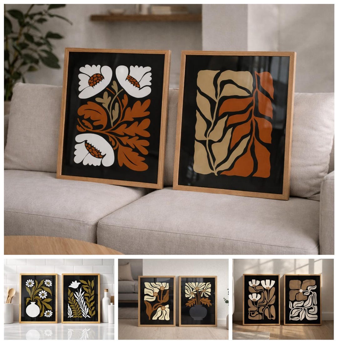 Mid Century Modern Floral Print Set, Earth Tone Botanical Art (digital ...