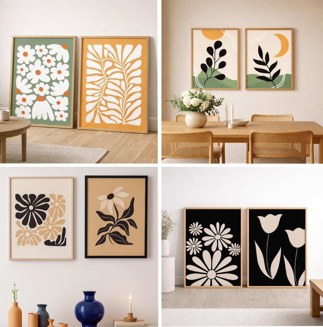 Matching Art 4 Matching Floral Wall Art Set, Minimalist Botanical Prints, Mid ...