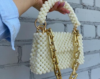 Cream Beaded Bag, Handmade Purse, Bead Bag