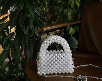 White Beaded Purse with Metal Chain — Handmade Handbag