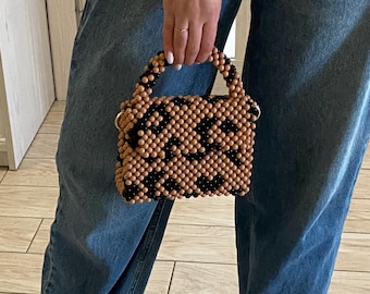 Tiger Print Beaded Bag • Handmade Mini Handbag with Gold Chain