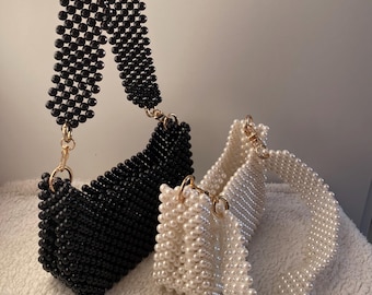 Beaded Shoulder Bag, Handmade Beaded Purse, Wide Strap Handbag, Statement Bag