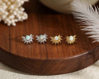Sterling Silver Opal Sunburst Stud Earrings, Gold Sun Opal Earrings, Minimalist Celestial Jewelry, Dainty Sunburst Earrings, Gift for Her