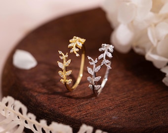 925 Sterling Silver Leaf Wrap Ring, CZ Crystal Adjustable Open Ring, Minimalist Branch Ring, Dainty Wedding Band, Bridesmaid Gift