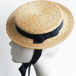 MIMI Flat Top Boating Hat with  Navy Ribbon, for Royal Ascot, Melbourne Cup, Kentucky Derby, Mother of the Bride