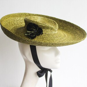VIRGINIA Olive Green Straw Platter Hat for Weddings, Glorious Goodwood, Oaks & Derby Races