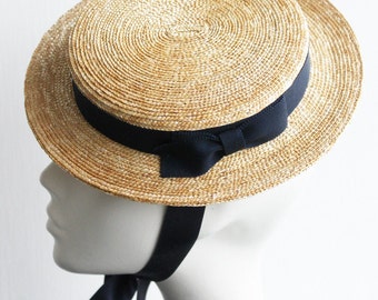 Edwardian Vogue Natural Straw Hat ''MIMI'' with Ribbon Ties - Canotier for Weddings - Royal Ascot - Kentucky Derby