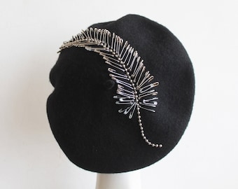 Black Beret Hat ''STARDUST'' with Silver Safety Pin Embellishment - Classic High Fashion