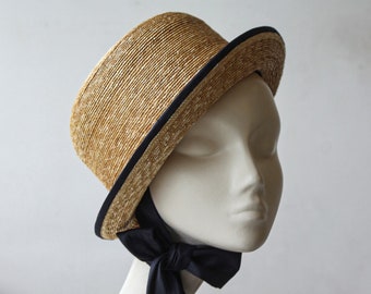 Fine Natural Straw Breton Hat ''CHICAGO'' with Silk Trims - Luxury Handmade hat for  Weddings & Races